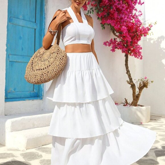 White Boho Women's Short Halter Neck Tank Top And Ruffle Hem Mini Skirt Set